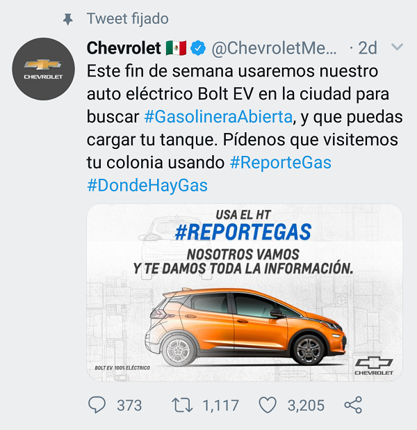 Imagen de la cuenta de Chevrolet México en Twitter